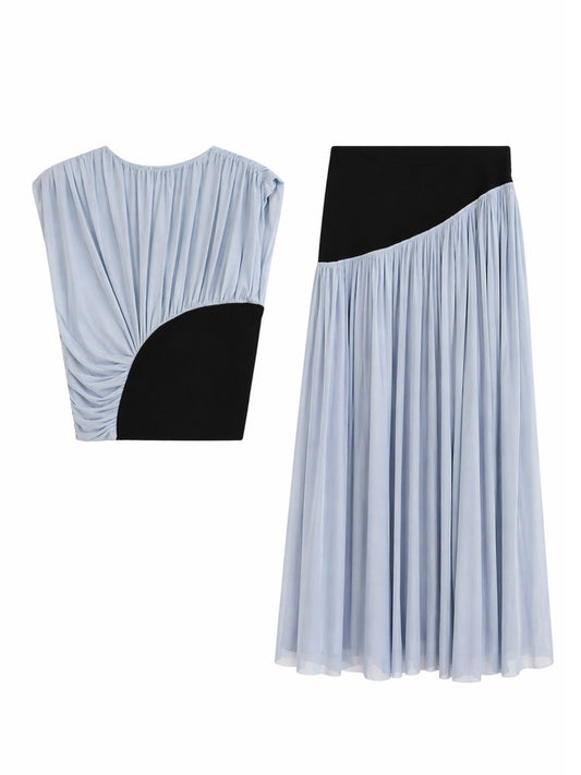 Set top drapeado + falda mesh plisada